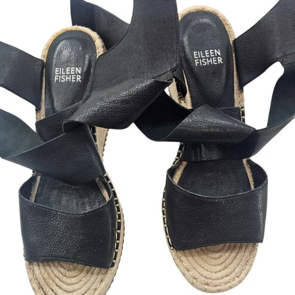 Eileen Fisher‎ Womens 7 Willow Espadrille Wedge Black Leather Sandals - Picture 6 of 10